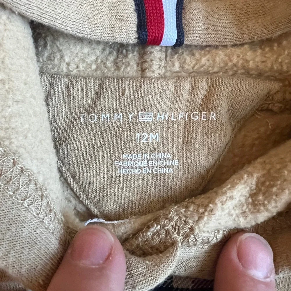 Tommy Hilfiger Baby Boys Tan Plaid Logo Fleece Pullover Hoodie 12M Tan RN130323
